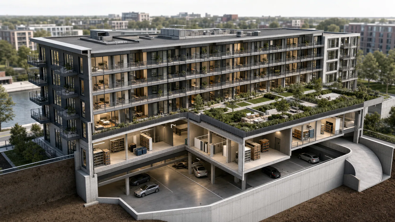 Realistische doorsnede van appartementen, podiumdek, technische ruimte en parkeergarage