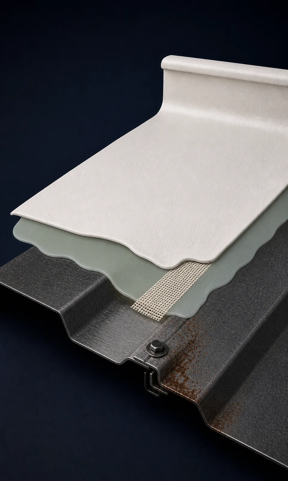 Opbouw van primer, detailwapening en waterdichting op een metalen dak