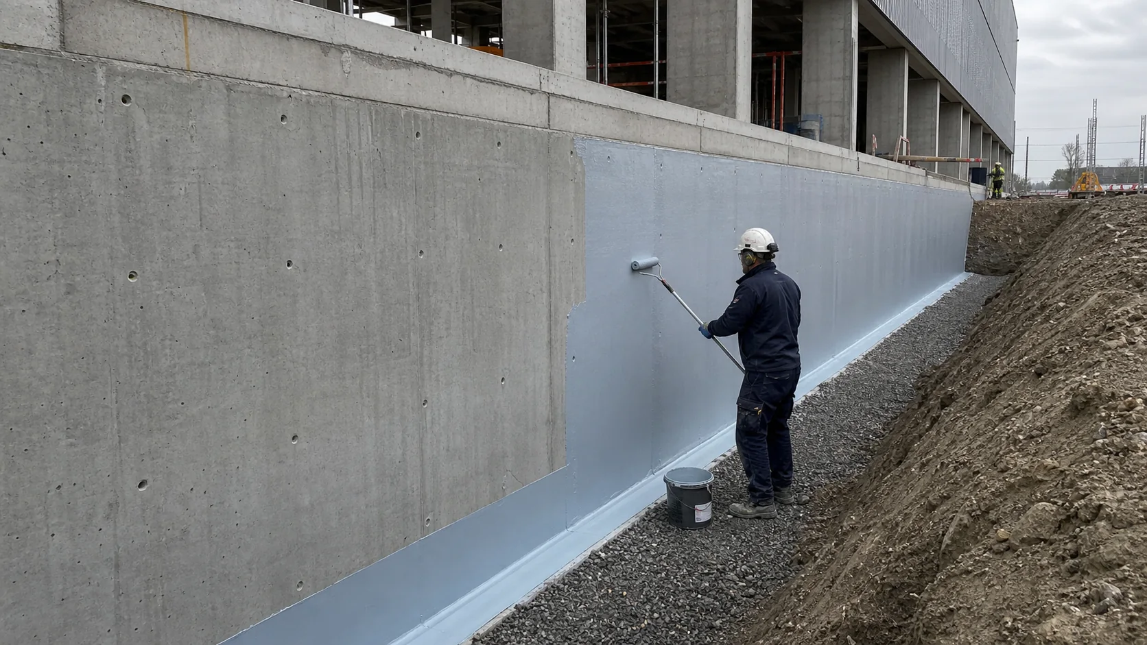 Technische visualisatie van koud aangebrachte waterdichting op een grote betonnen funderingswand
