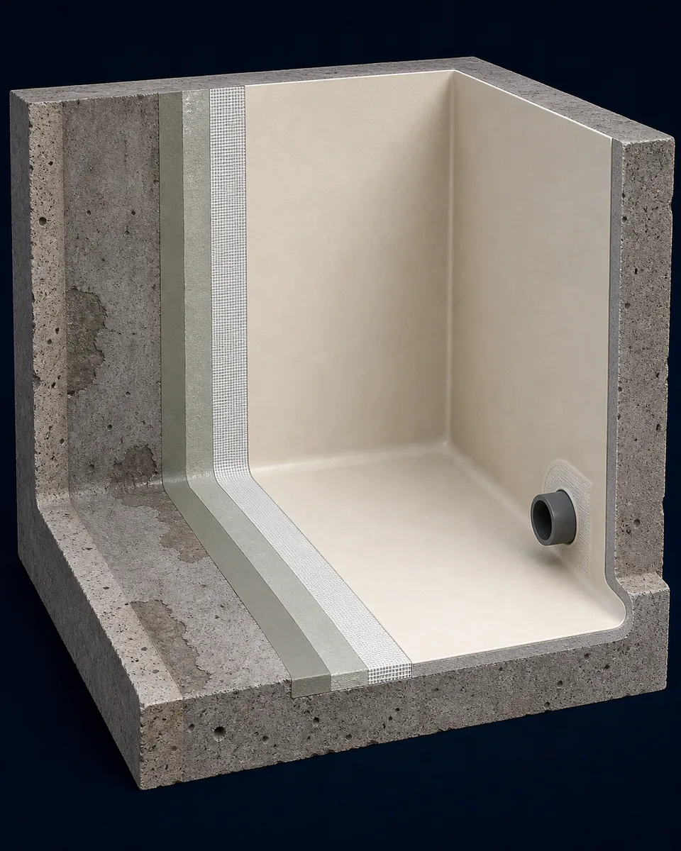 Waterdichte laagopbouw in een technische waterbak