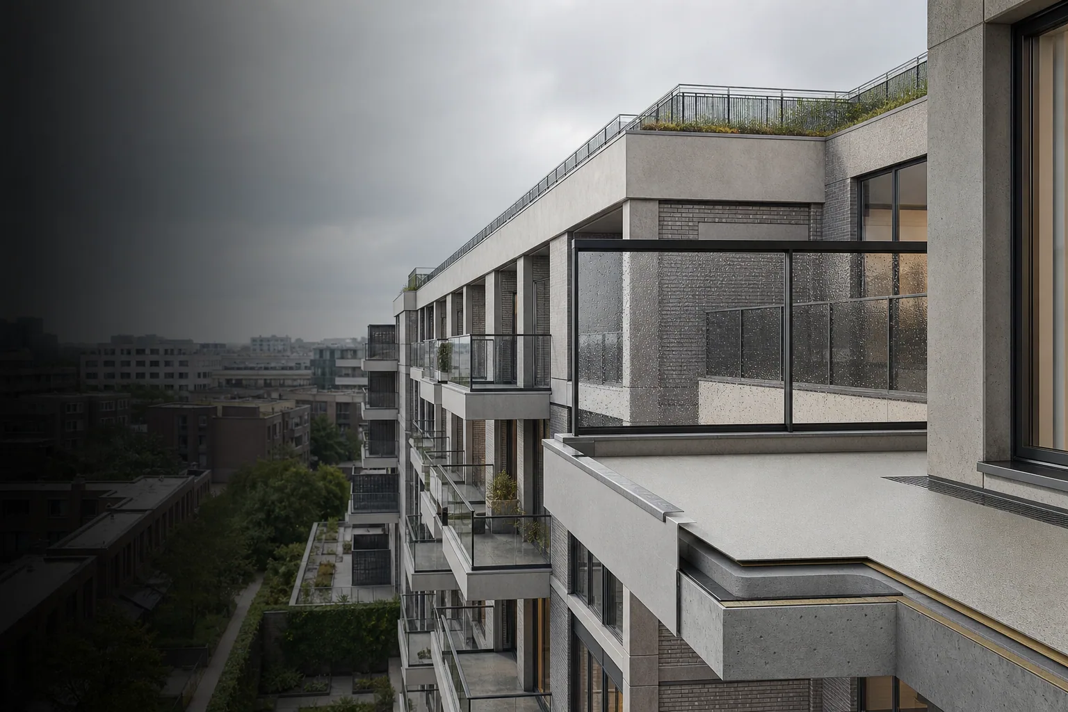 Technische conceptvisual van een appartementencomplex met planmatig waterdicht gemaakte balkons en een terrasdoorsnede