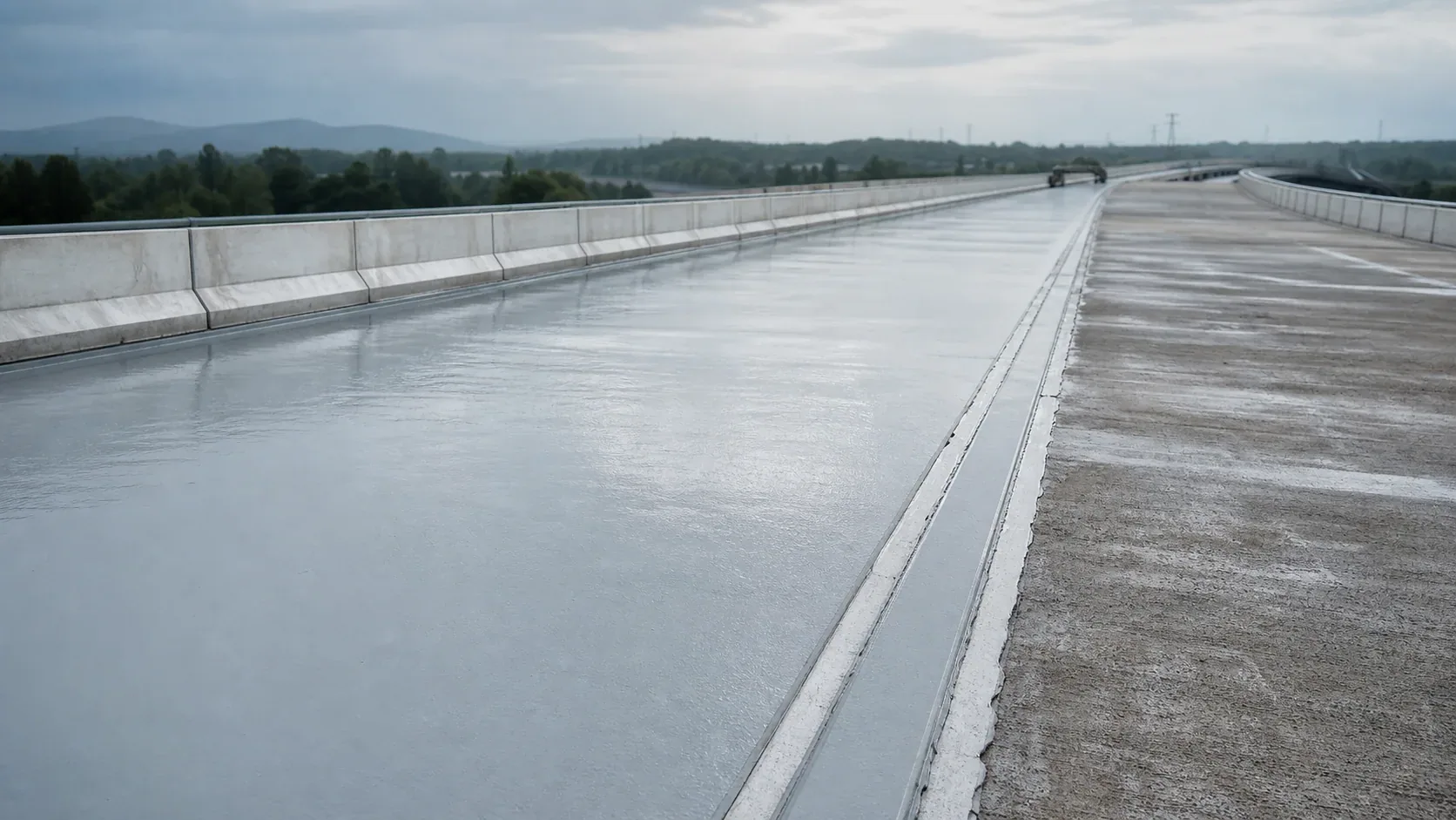 Conceptvisual van een betonnen brugdek met een gedeeltelijk aangebracht waterdicht membraan