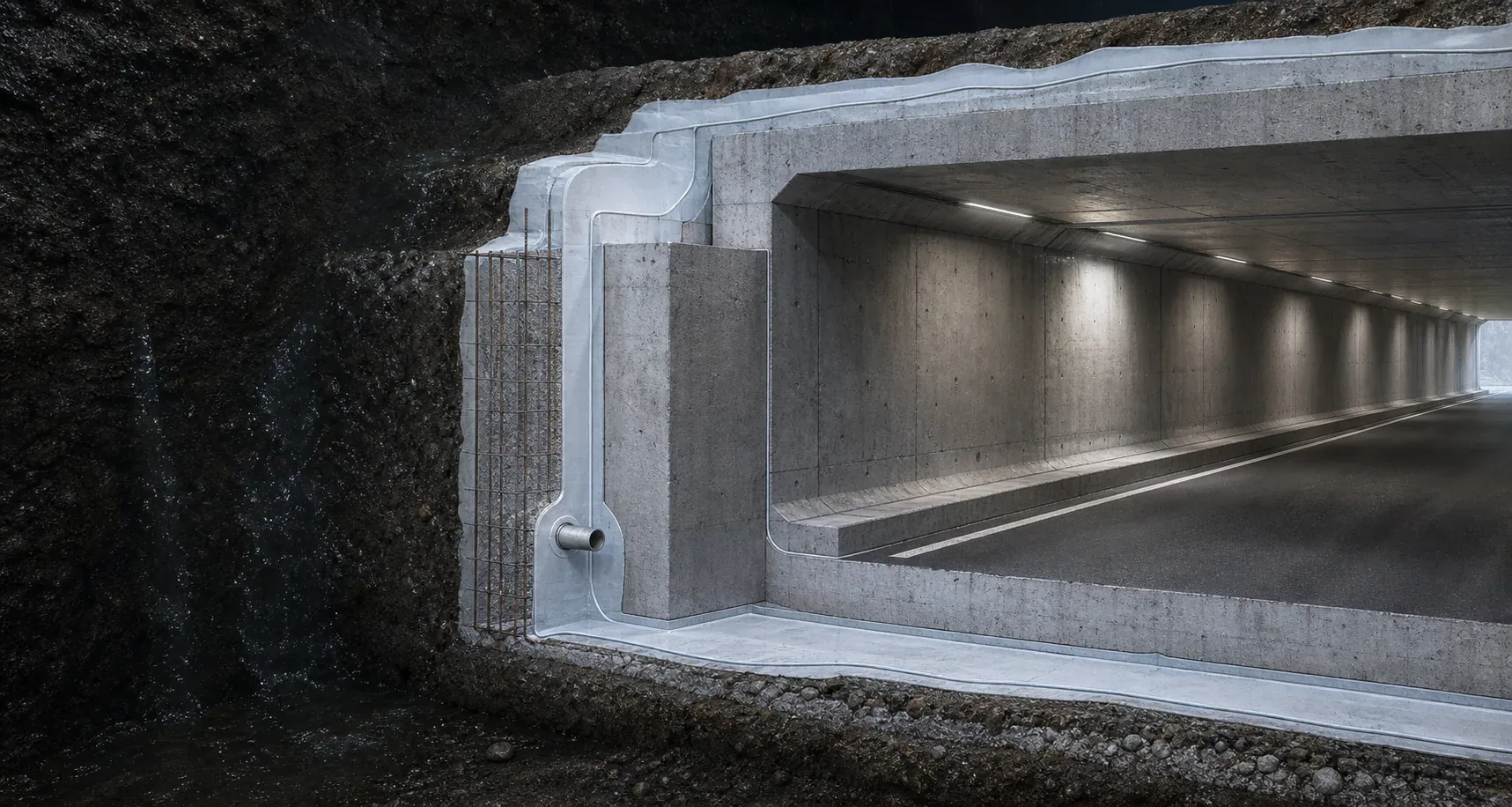 Technische conceptvisual van een ondergrondse betonconstructie met een doorlopende waterdichte buitenzijde