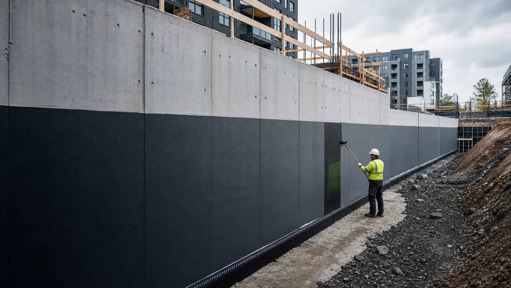 Betonnen ondergrondse constructie voorbereid voor waterdichting